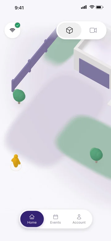 The Kourai app’s Home screen: the live 3D view of a yard, with a visitor in gold.