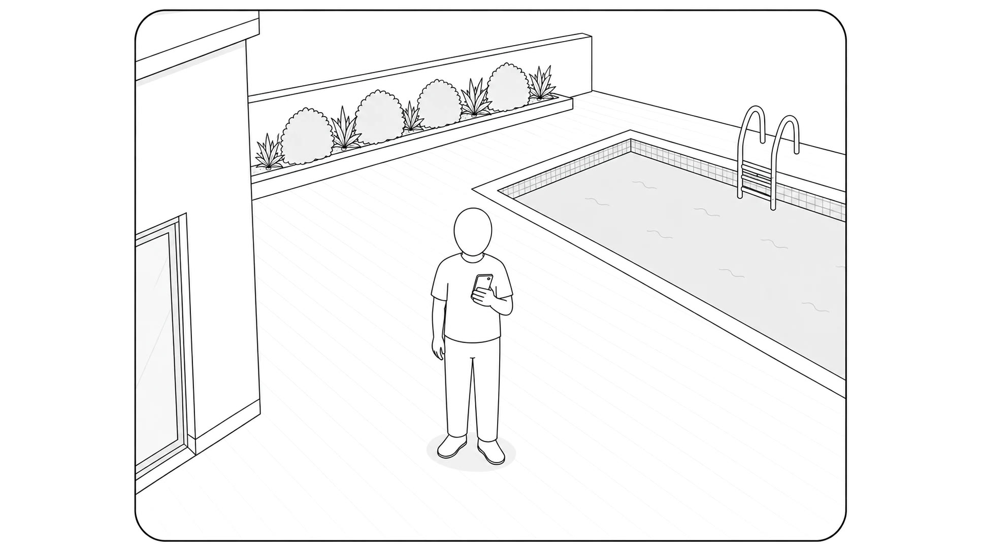 A camera’s view of the pool deck: one person standing head to toe, holding a phone.